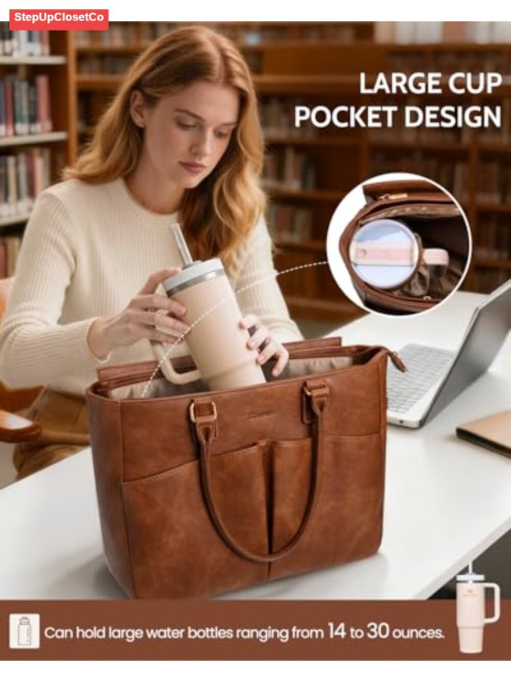 Faux Leather Tote Bag, Padded Laptop Compartment, Work & Travel - Picture 4 of 6